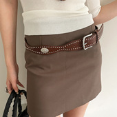 复古铆钉腰带配裙子牛仔裤 带小众民族风咖啡色皮带配饰