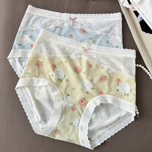 花仙子内裤女生薄款春夏冰丝印花三角裤性感中高腰蕾丝边丝滑透气