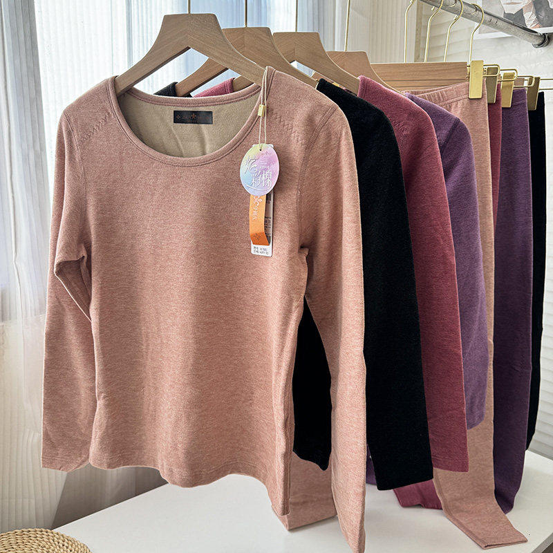 今尚儿加厚保暖内衣女套装男女炫彩棉圆领舒绒自发热羊绒贴片护膝