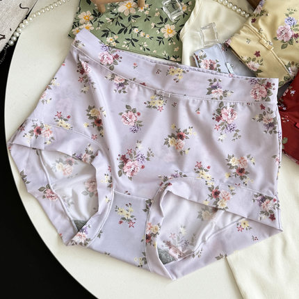 彩田高腰冰丝国风印花大码妈妈内裤包臀丝滑性感7A抗菌三角裤薄款