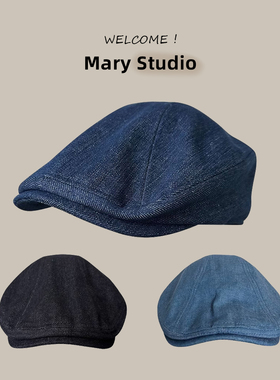 纯棉蓝色鸭舌帽男士春夏复古贝雷帽女日系水洗牛仔布英伦风前进帽