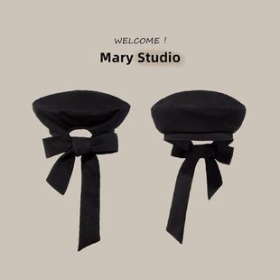 设计师款后开孔飘带贝雷帽秋冬女画家帽可调节日系简约造型设计帽