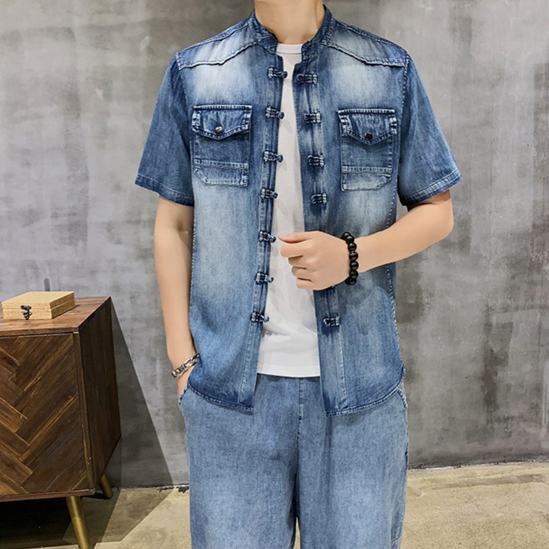 夏季薄款短袖牛仔衬衫男立领中山装复古盘口唐装汉服中国风衬衣潮|ruв категории Мужская одежда, 民族服装（新）, 中山装 - от Buy2taobao.com для оказания профессиональной услуги покупки агента Taobao