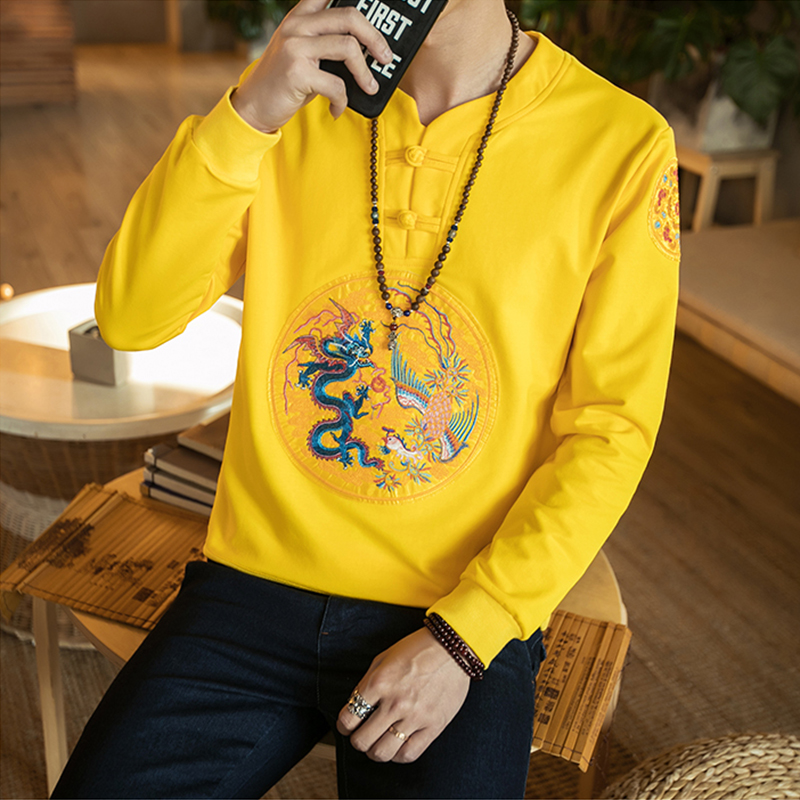 春秋黃袍龍刺繡衛衣男中國風複古盤扣圓領套頭長袖上衣打底體恤衫在類目 男裝, 民族服裝中 - 來自Buy2taobao.com提供專業的淘寶代購服務