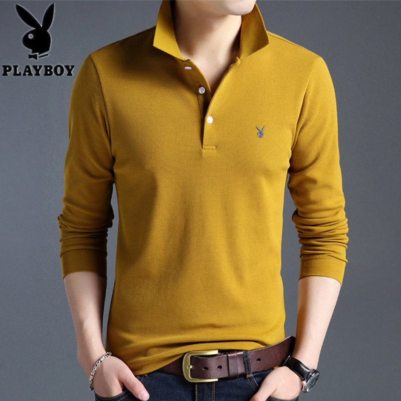 花花公子纯棉长袖t恤男士春秋季休闲纯色全棉POLO衫中年男装T恤潮