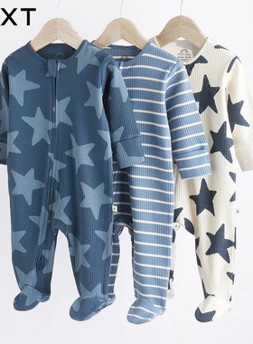 英国NEXT进口婴儿长袖连体衣新生儿包脚爬服宝宝春秋星星纯棉哈衣