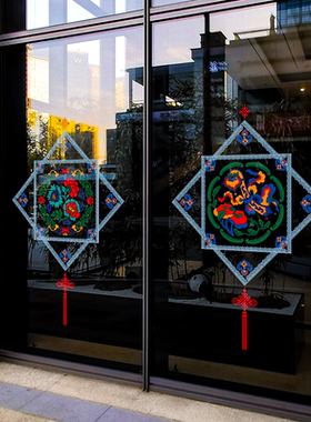 创意民族风马年春节玻璃门贴纸餐厅店铺橱窗新年布置静电无胶窗花