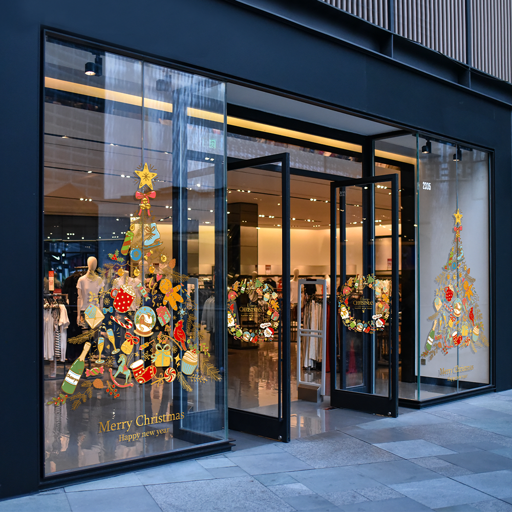 创意复古圣诞节玻璃门装饰贴纸圣诞树花环服装店餐厅静电橱窗贴画图片