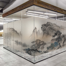 千里江山图新中式办公室玻璃门贴膜山水画图案中国风磨砂贴纸无胶