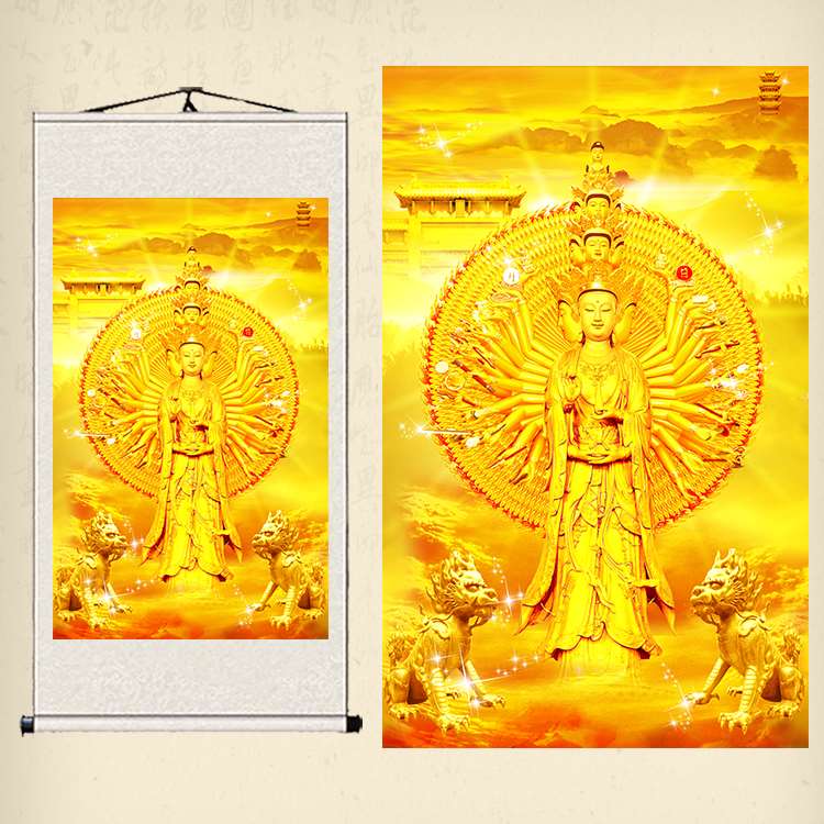 正品观音画像千手观音佛像挂画金身观音菩萨卷轴画佛堂供奉丝绸画