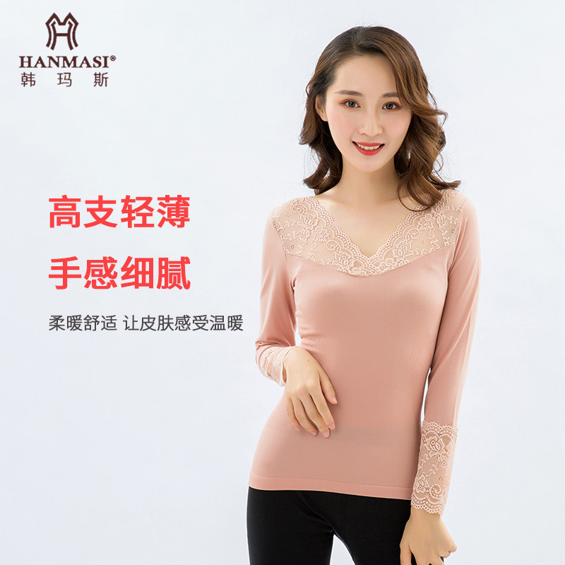 韩玛斯女士打底衫莫代尔蕾丝v领花边袖单衣 优幕良纱h12106