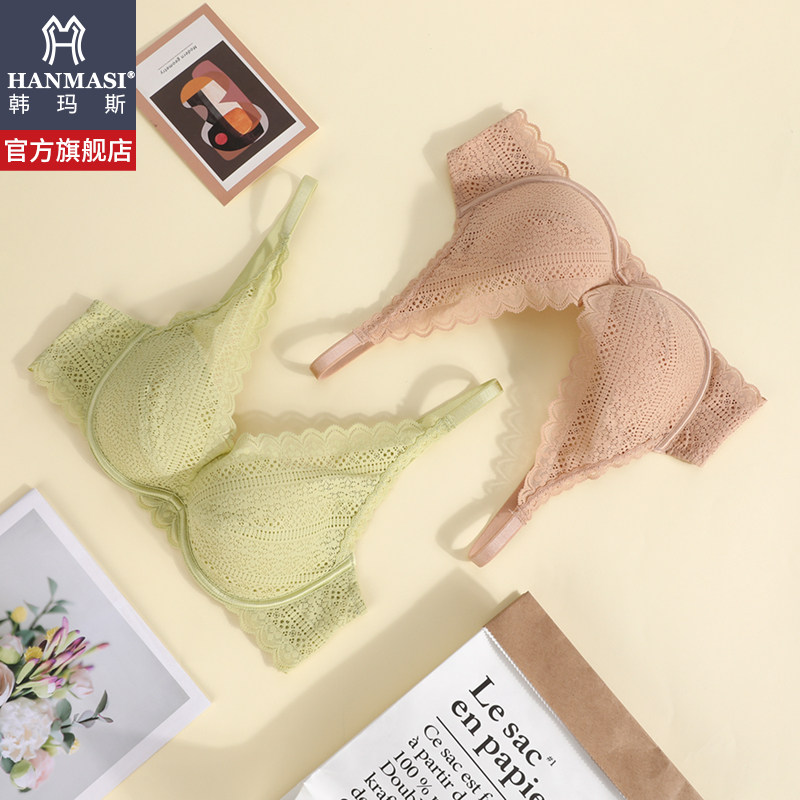 韩玛斯内衣女无钢圈夏季薄款云感棉性感聚拢收副乳养护文胸蕾丝边