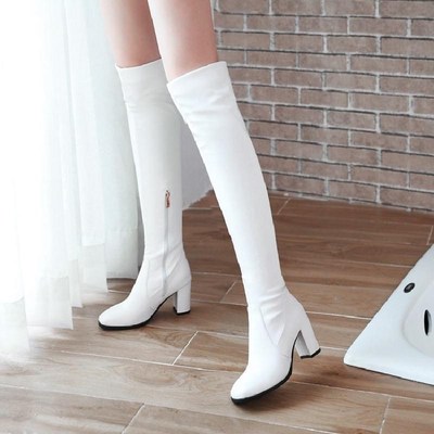 粗高跟过膝皮面白色侧拉链女靴子
