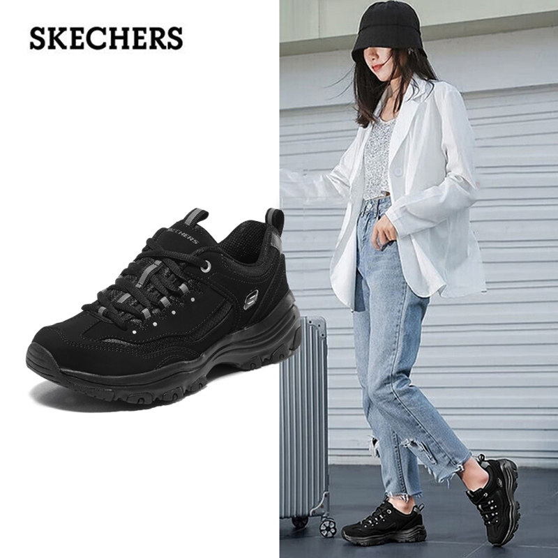 斯凯奇女鞋全黑色熊猫鞋官方正品运动鞋厚底老爹鞋休闲鞋低帮板鞋