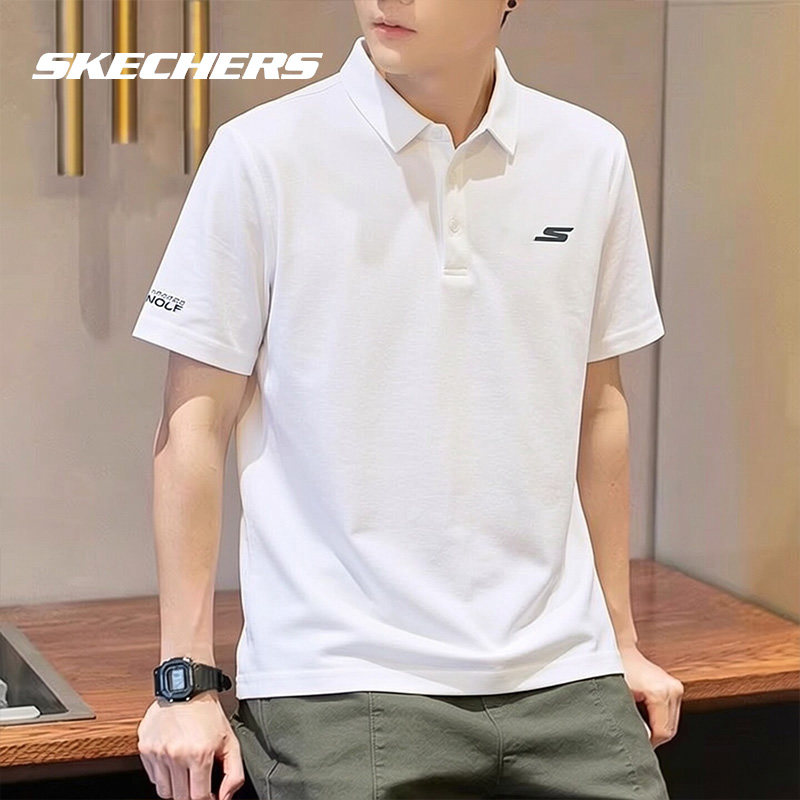 斯凯奇男装上衣夏季新款白色针织透气运动T恤衫官方正品男士短袖