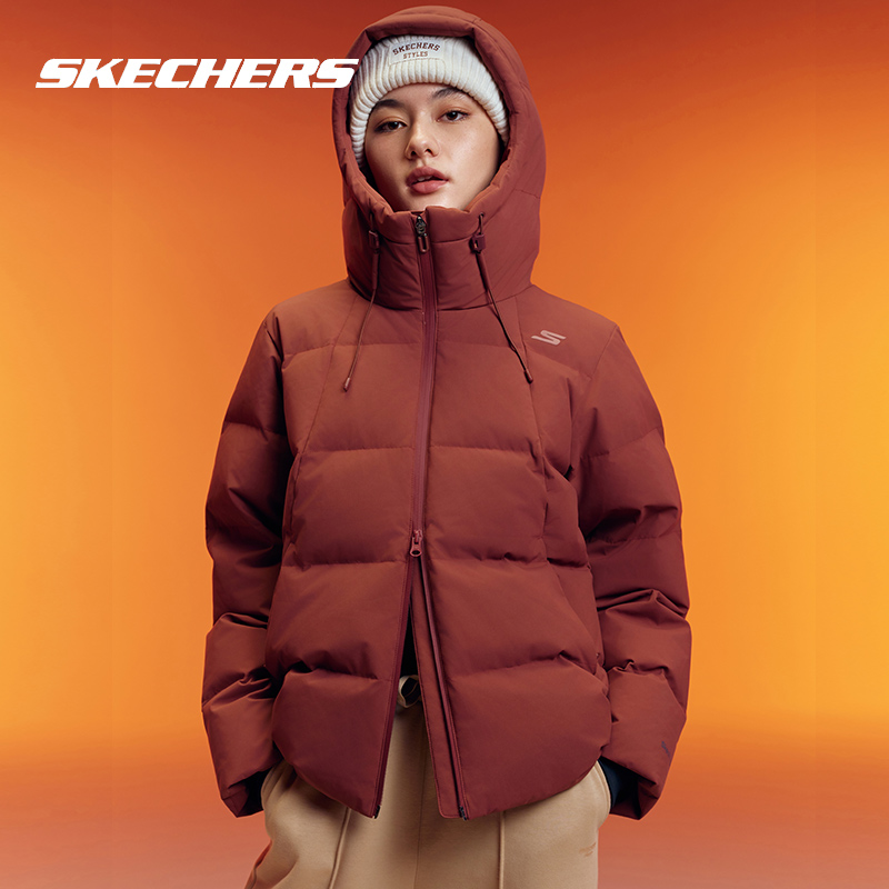斯凯奇羽绒服女装冬季新款外套短款梭织夹克连帽防风保暖女士棉羽