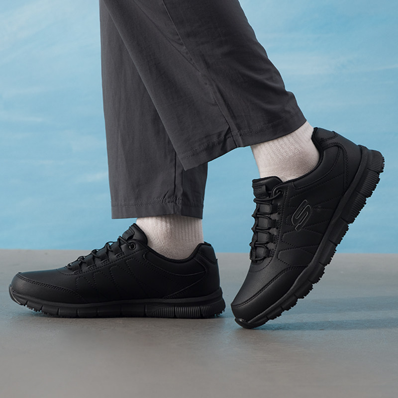 斯凯奇男鞋秋季运动鞋官方正品黑色通勤皮鞋男士休闲鞋轻便跑步