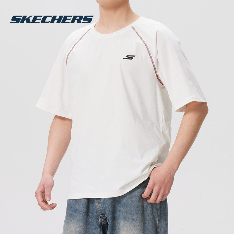 斯凯奇短袖男装2026新款白色运动休闲上衣女装圆领针织透气T恤衫