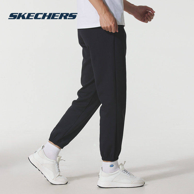 斯凯奇加绒束脚针织运动裤男女春季保暖黑色休闲长裤