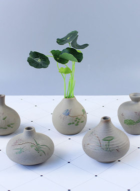 粗陶复古小花瓶新中式水培绿植家居陶瓷花瓶贴花花插办公装饰花器