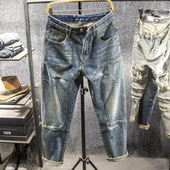 高街大码 做旧补丁牛仔裤 男宽松直筒拼接长裤 三古木棉 子男春夏款