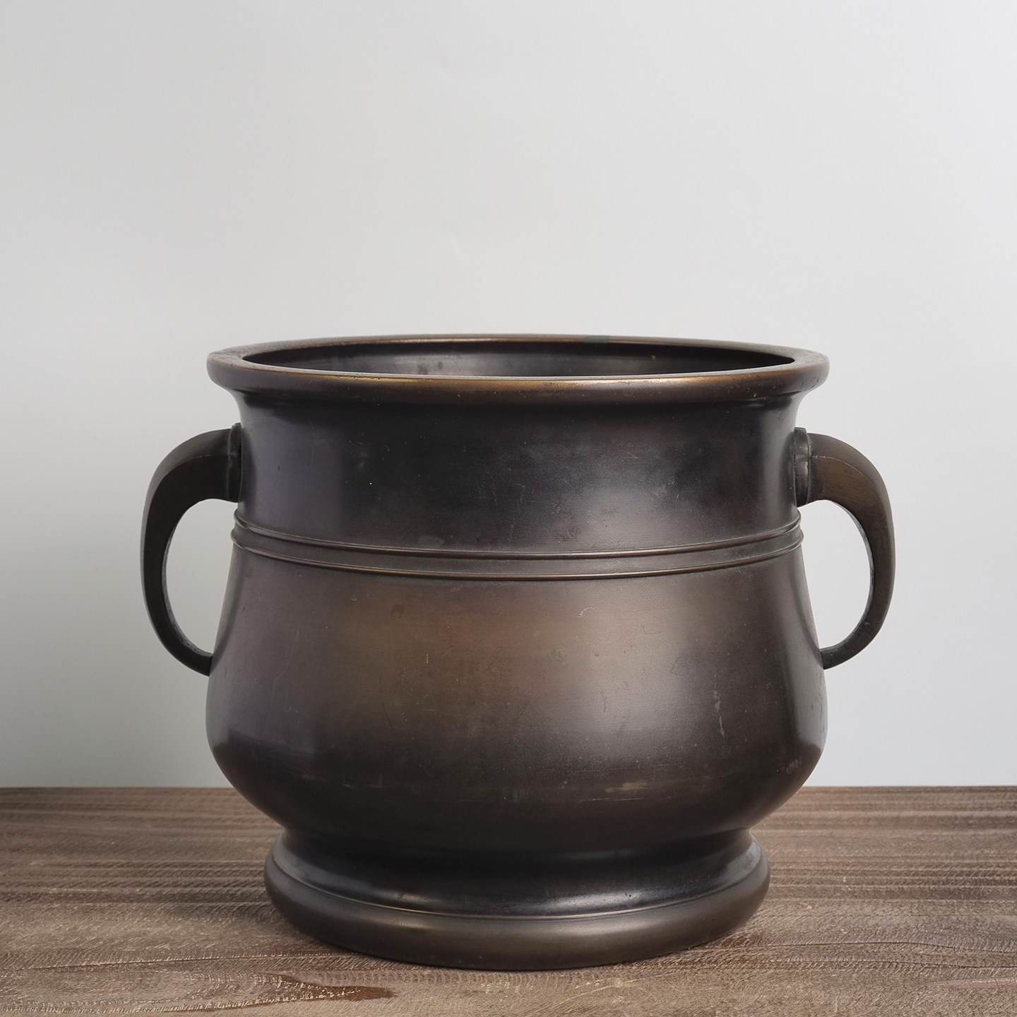 中古日本超大素面双耳铜火钵茶具围炉烧炭取暖火盆茶道具