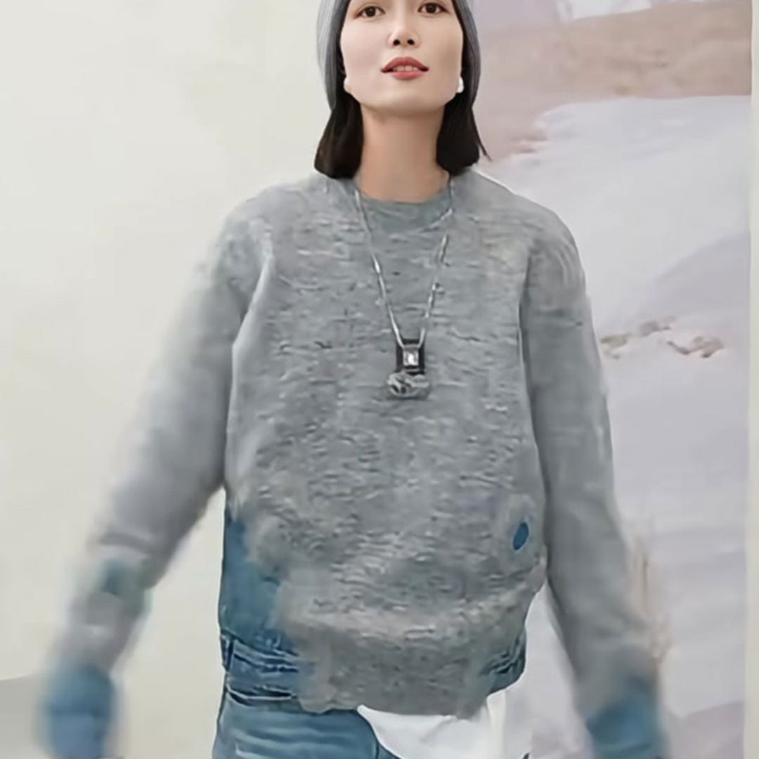 法式轻奢高端时尚牛仔拼接针织衫女秋冬新款大码宽松羊绒高级上衣