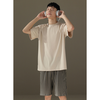 男士睡衣夏季纯棉薄款圆领短袖青少年宽松休闲简约条纹短裤家居服