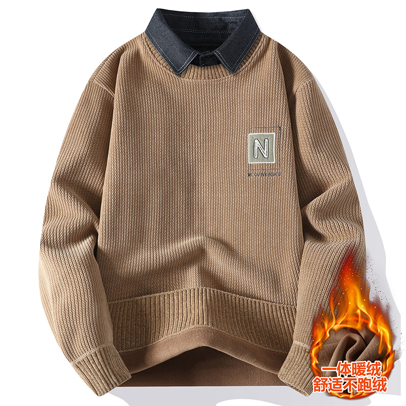 冬季加绒加厚卫衣男孩13中学生14潮流15岁青少年大童衬衫领打底衫