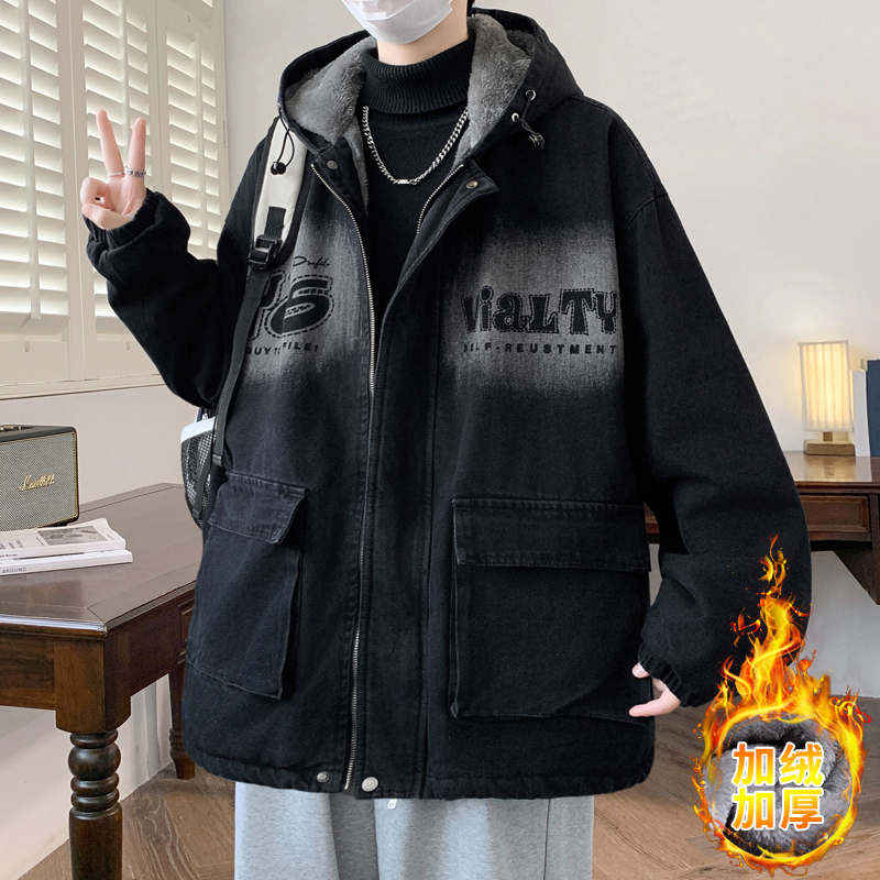 冬季加绒加厚牛仔外套牛子派克服