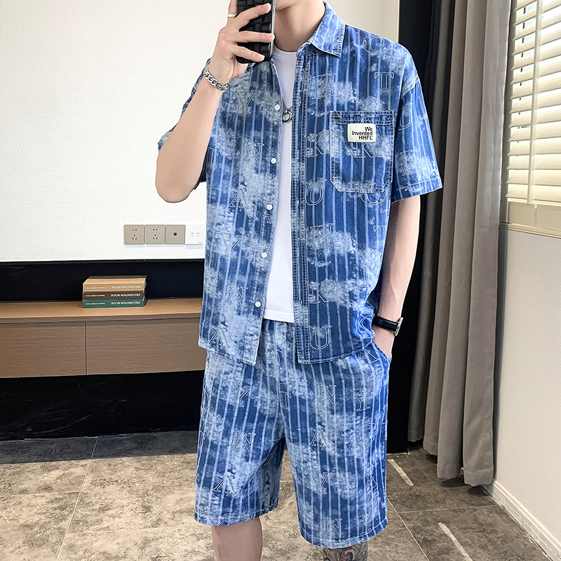 夏季初中学生纯棉宽松短袖衬衫套装15岁男孩12潮流帅气14大童衬衣