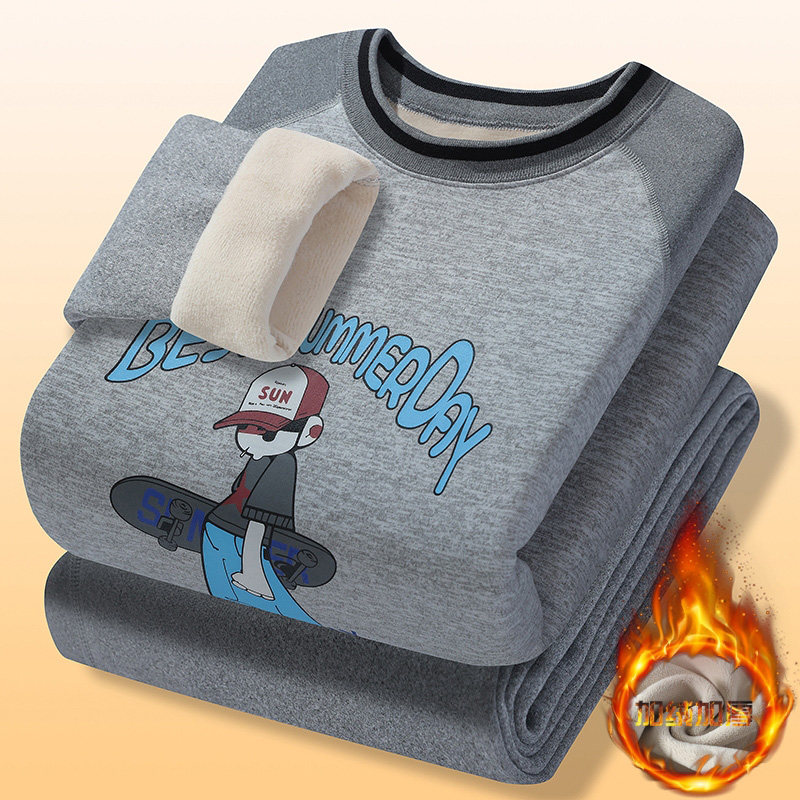 冬季潮流宽松保暖内衣男孩13学生14岁青少年16加绒加厚打底衫套装