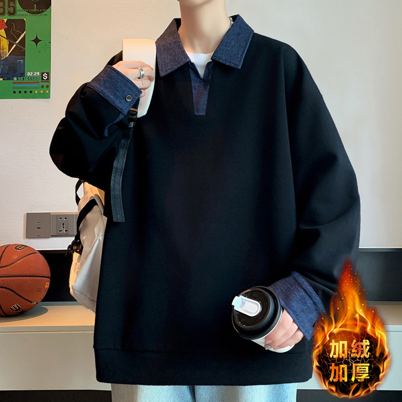冬季13青少年翻领宽松卫衣12岁男孩15初中学生14大童加绒加厚上衣