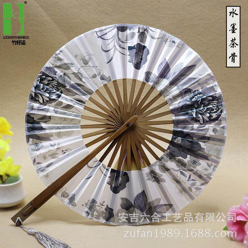 古典日式360度旋转团扇圆形竹工艺扇便携随身风车扇和风扇子折扇