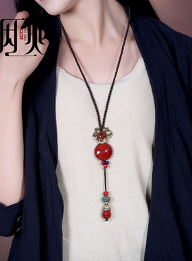 复古风项链女新中式长款毛衣链红色陶瓷吊坠手工编织气质高档饰品