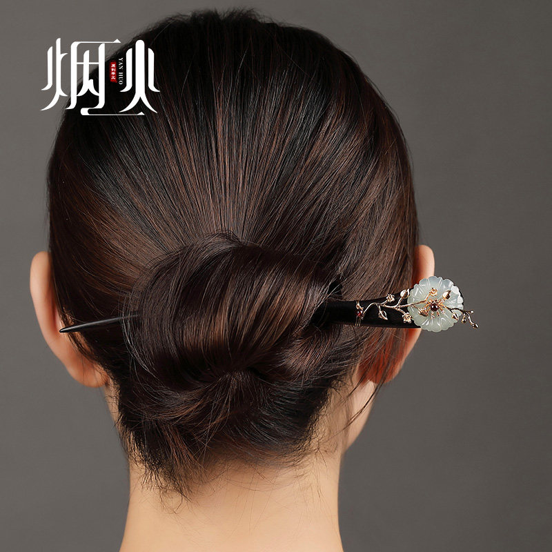 发簪古风中式盘发步摇岫玉簪子流苏发饰简约现代日常中国风木簪女