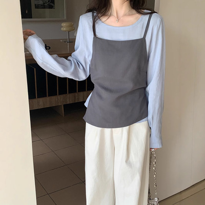 2025秋季新款韩系设计感天丝长袖t恤女外搭叠穿吊带背心两件套