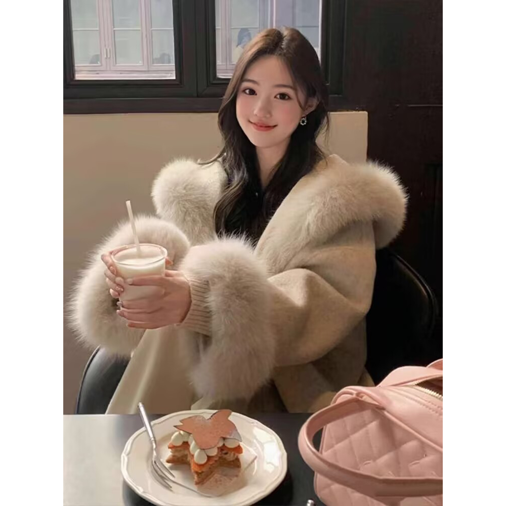 安梦忆皮草 ◆沪上千金~狐狸毛领连帽羊毛大衣外套女款2025新款冬