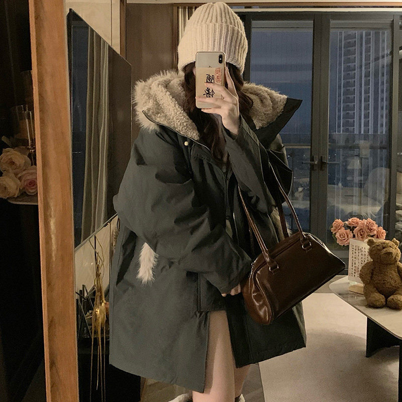 实拍 保暖毛领座山雕女中长款棉棉衣/棉服