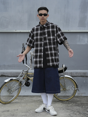 经典美式old school休闲重磅奇卡诺hiphop宽松复古格子短袖衬衫