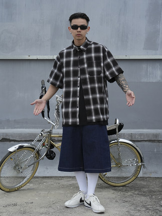 经典美式old school休闲重磅奇卡诺hiphop宽松复古格子短袖衬衫