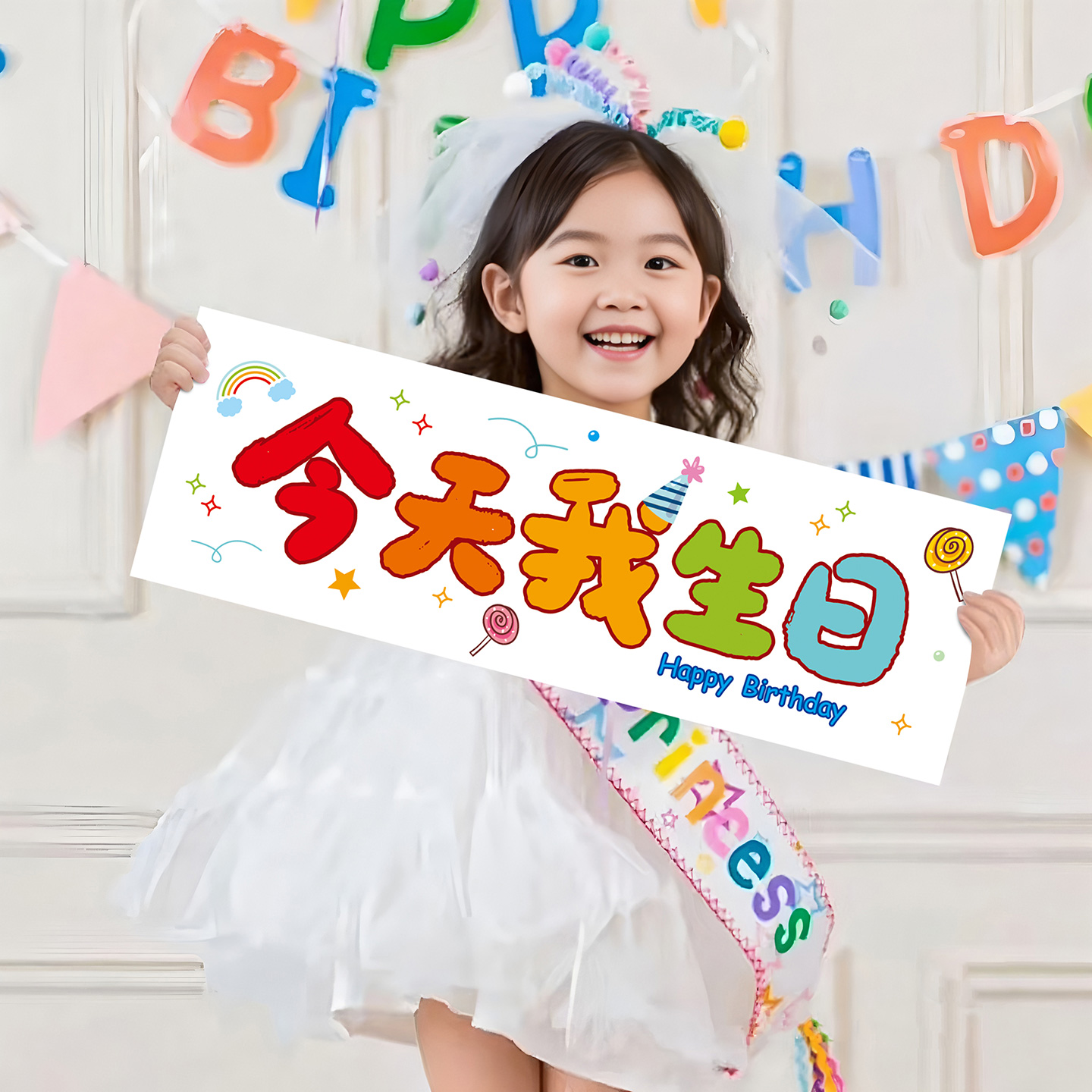 INS风男女宝宝生日手拉旗手持小横幅派对氛围拍照装饰布置道具
