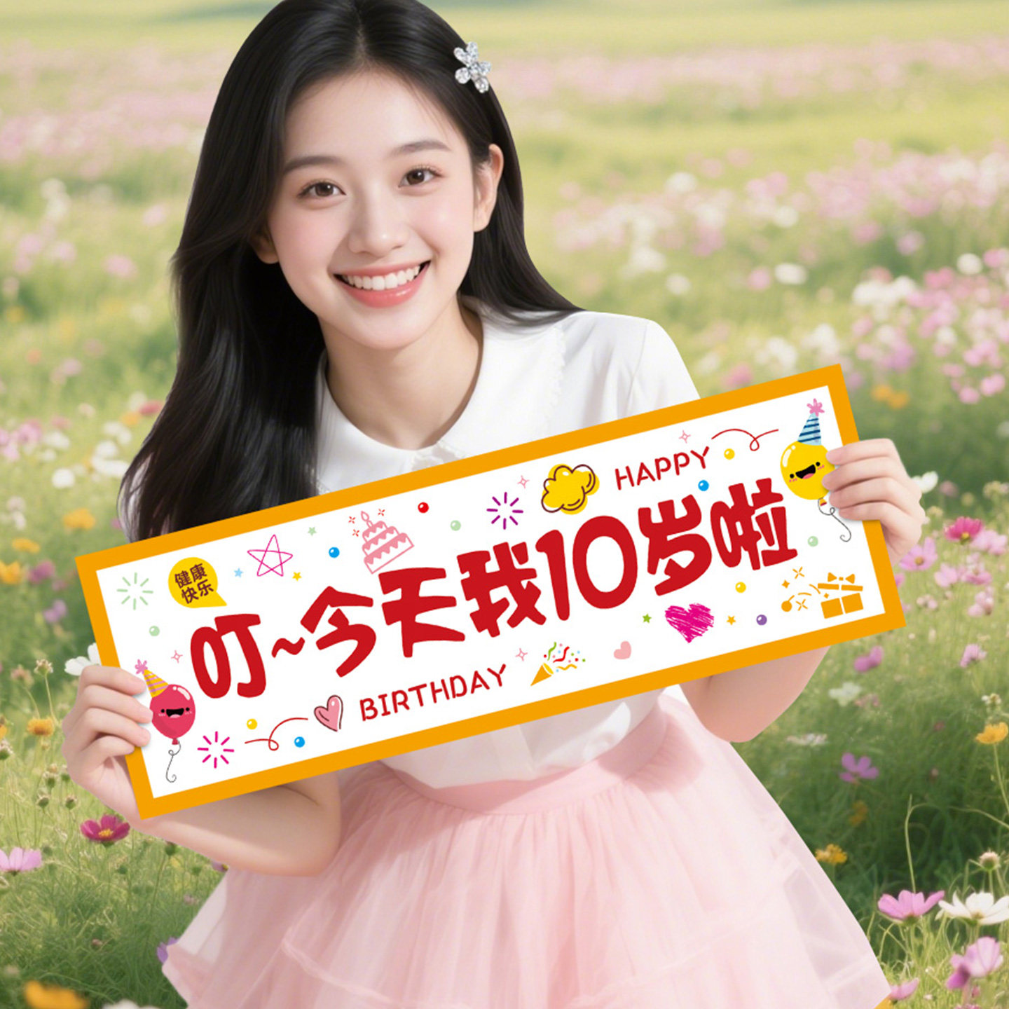 男女儿童10周岁生日快乐拉旗宝宝手持小横幅草坪派对拍照装饰道具