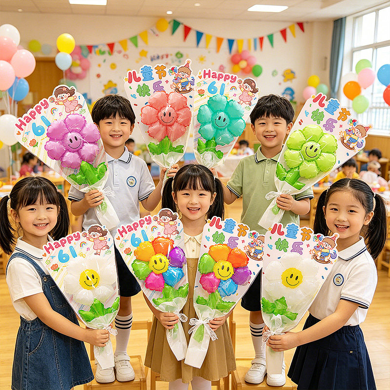 六一儿童节装饰气球手持花朵花束拍照道具幼儿园活动礼物场景布置