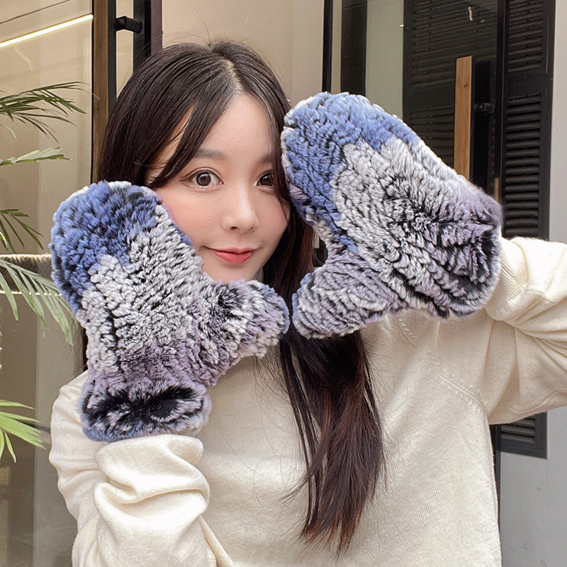 全獭兔毛编织连指皮草手套女士冬季加厚保暖可爱毛绒绒真毛暖手套