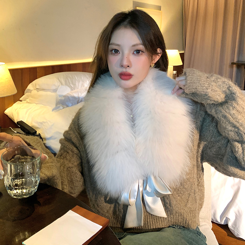 新款狐狸毛整皮大围巾女士保暖甜美蝴蝶结真毛毛领皮草围脖披肩冬