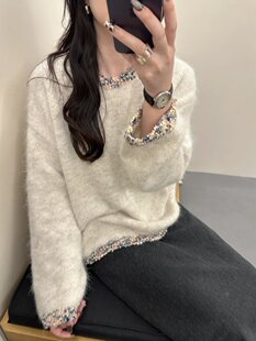羊驼毛韩系慵懒风花打底边圆领宽松大码毛衣长毛拉绒针织毛衫