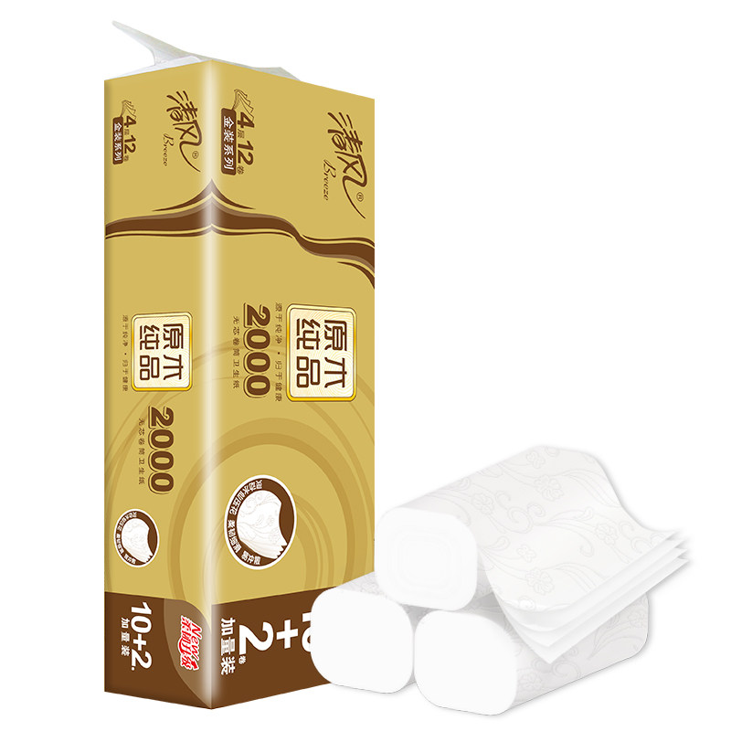 清风金装原木无芯卷筒卫生纸4层2000克12大卷厕纸实惠装b00ckljh