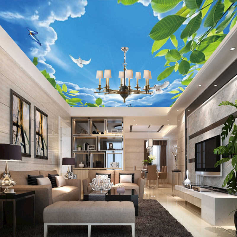 大型简约蓝天白云白鸽蝴蝶树叶吊顶壁纸客厅卧室3D壁画天花板墙布
