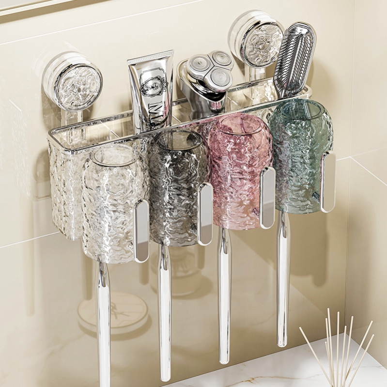 吸盘牙刷置物架壁挂免打孔手柄刷牙漱口杯卫生间家庭牙杯收纳挂架